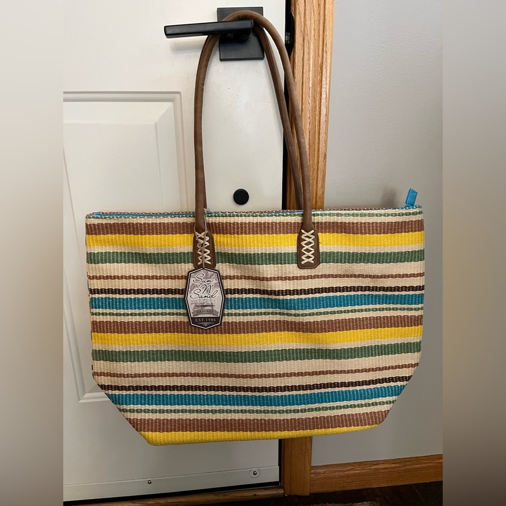 New Sun N Sand large striped shoulder tote beach travel boho bag.